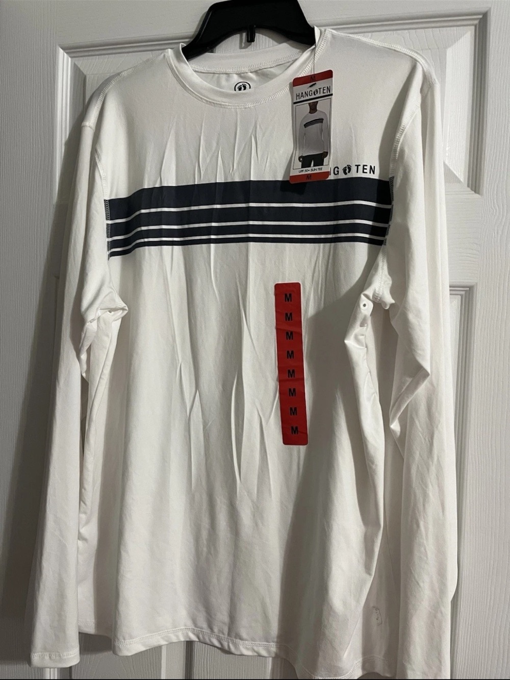 Hang Ten White Long Sleeve Shirt with Navy Chest Stripes